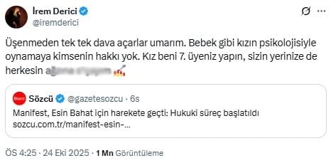 İrem Derici'den Manifest üyesi Esin Bahat'a destek