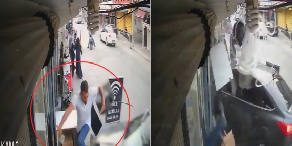 Otomobil markete daldı: Ezilmekten son anda kurtuldu