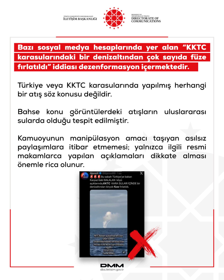 "KKTC karasularındaki bir denizaltından çok sayıda füze fırlatıldı" iddiasına yalanlama