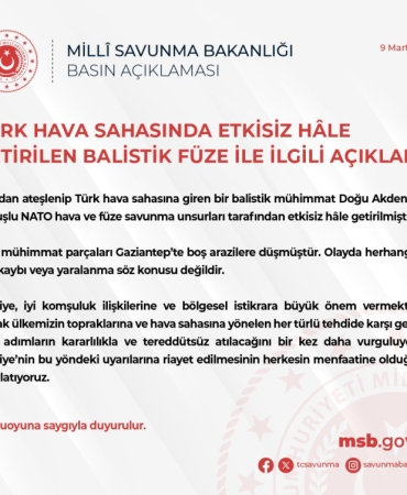 MSB: İran'dan ateşlenen füze imha edildi